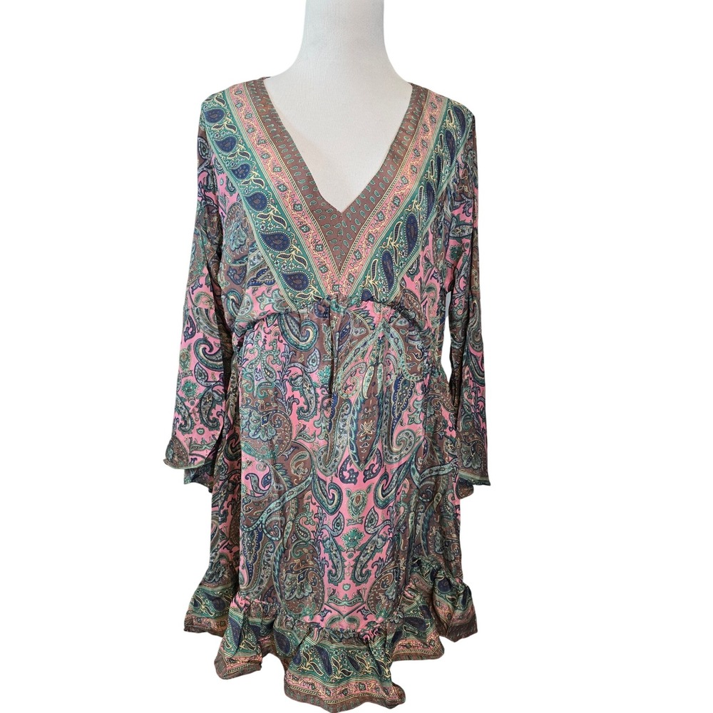 White Waves‎ Boho Paisley Print V Neck Ruffle Dress Long Sleeve Women's S